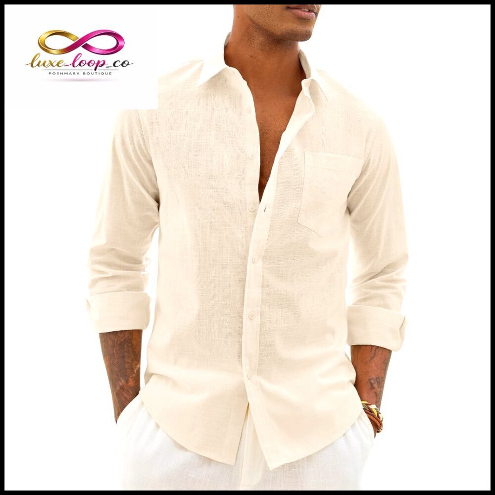 Classic Cotton Linen Button Down Shirt Regular Fit Long Sleeve Casual